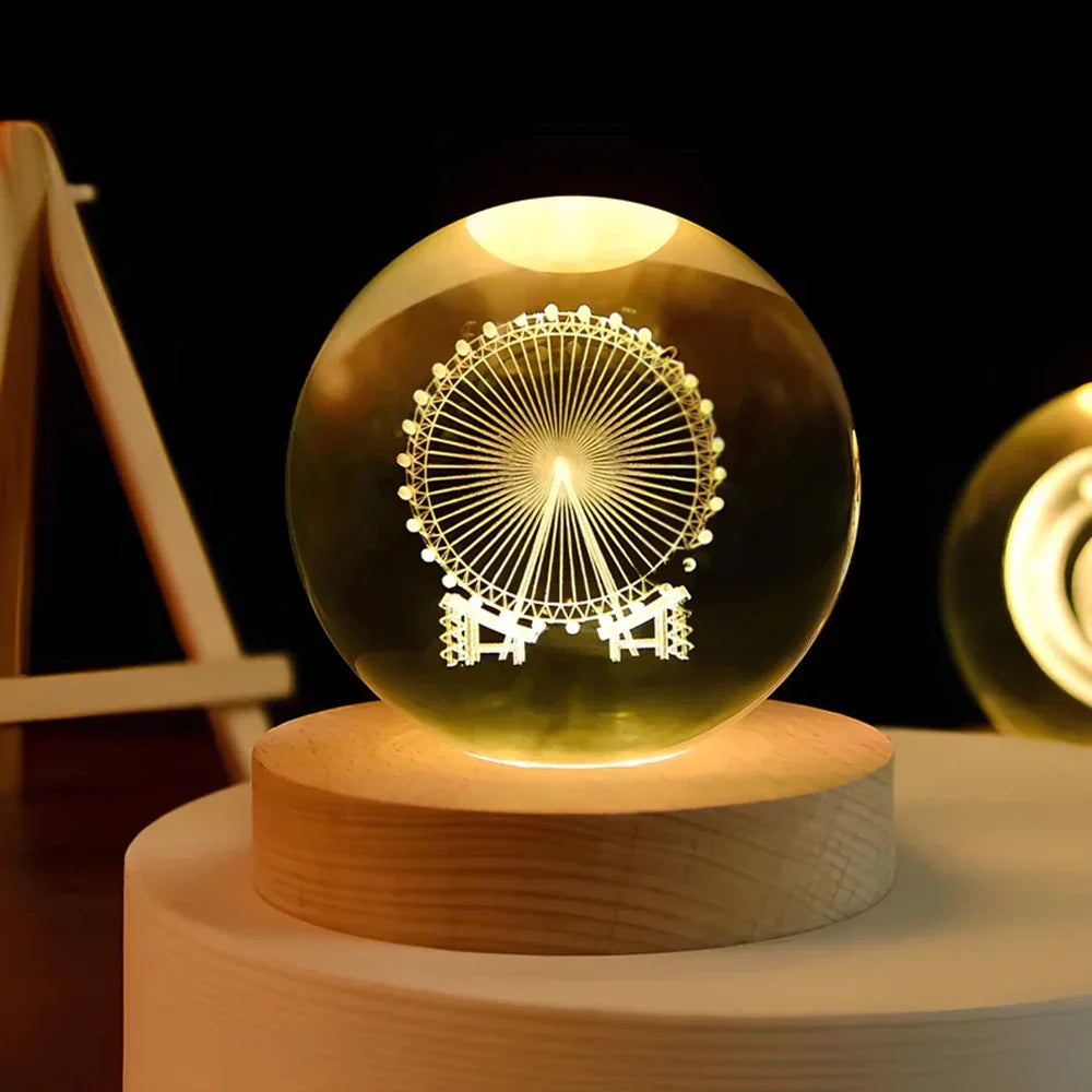 Night Light Wooden Base Crystal Ball Lamp