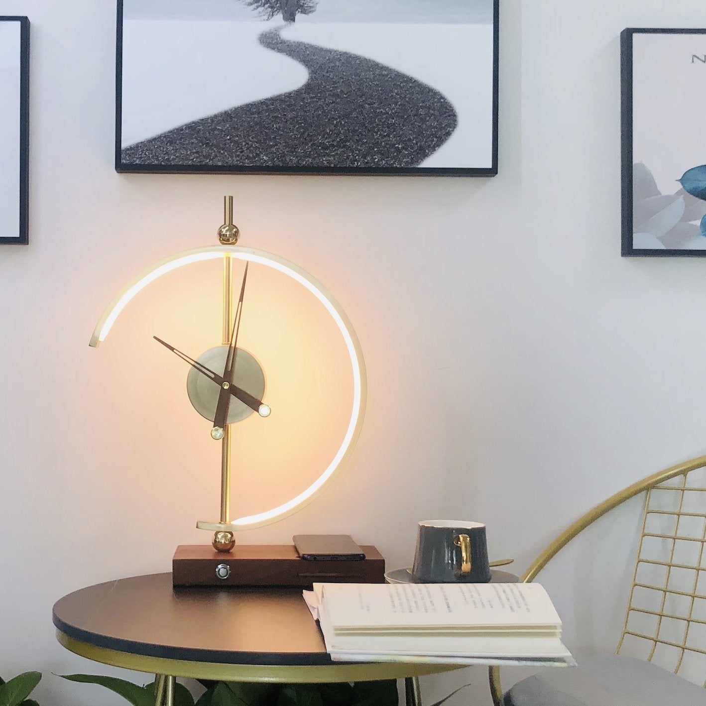 Table Lamp Modern Wood Clock Charger Light