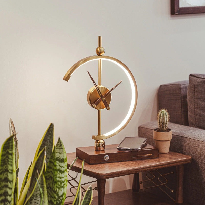 Table Lamp Modern Wood Clock Charger Light